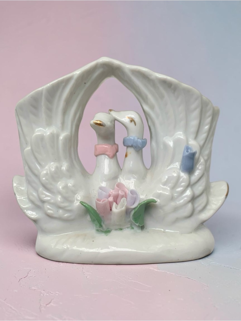 White vintage Swan Couple Figurine porcelain double swan miniature bud vase,